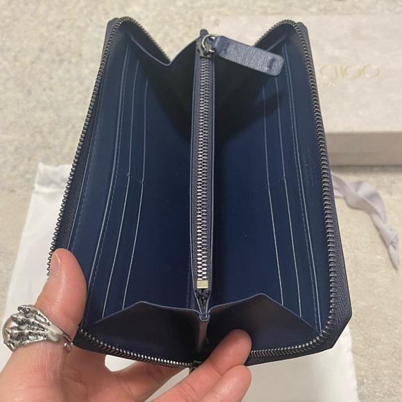 Like New Unisex Jimmy Choo Zip-around Leather Continental Wallet In Navy/Orange - Picture 12 of 14
